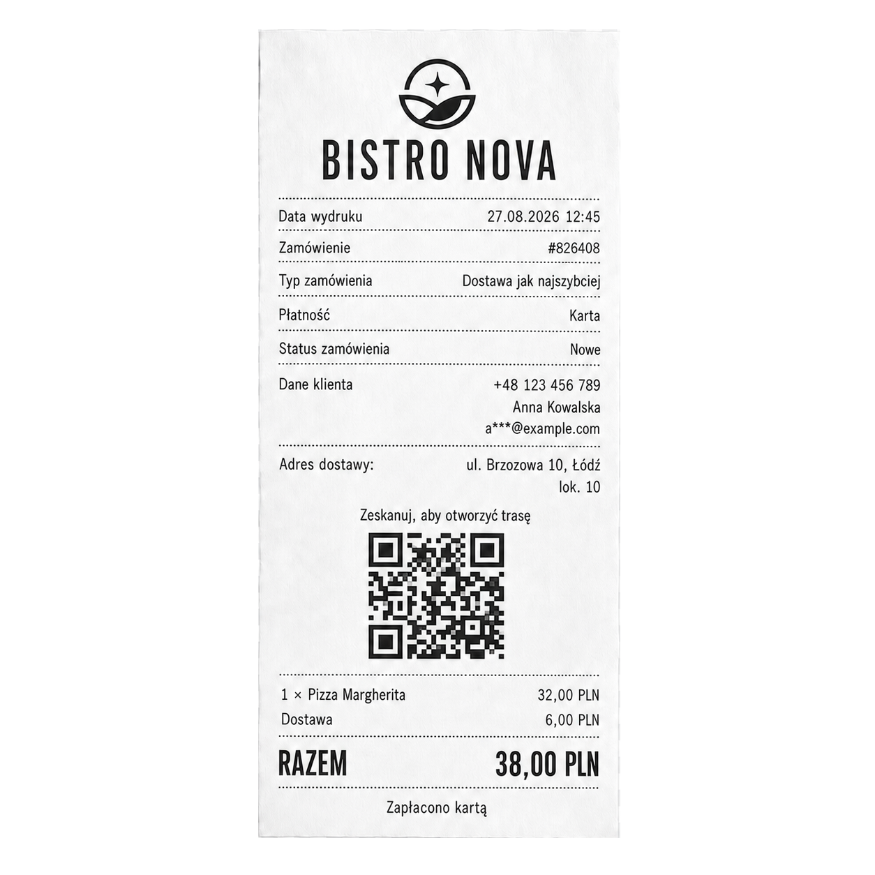 Logo restauracji i kod QR na wydrukach