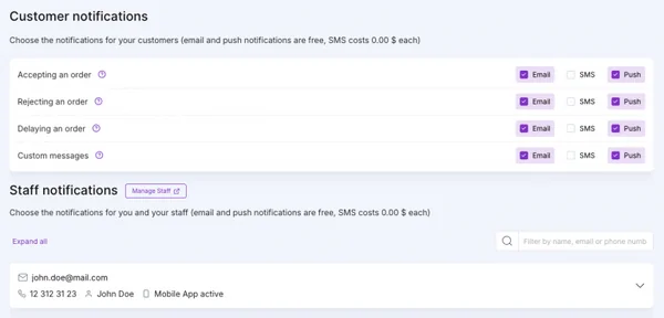 New Customer and Staff Notification Options
